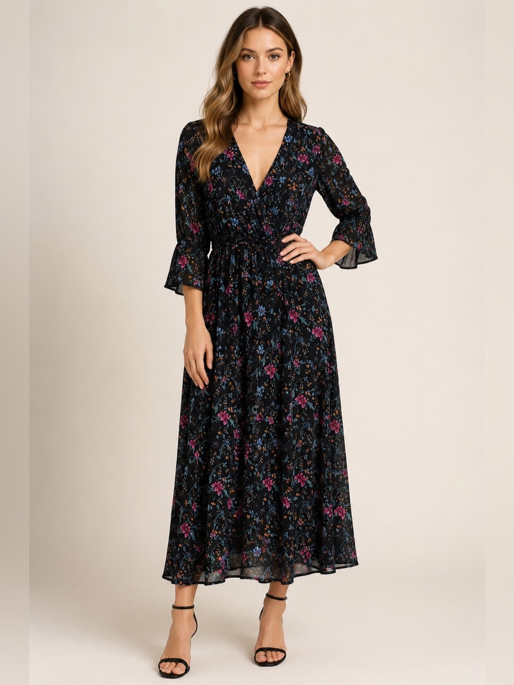 Frames Ray Cassin Black Floral Semi Sheer Wrap Dress Japan Women’s Medium Adjust